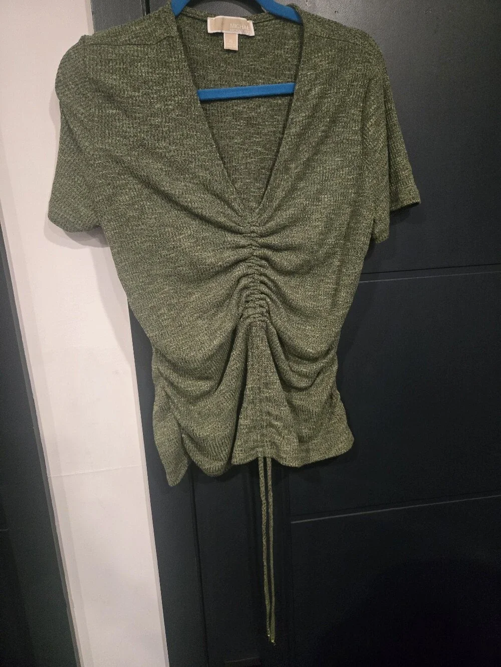 Ruched Tie Up Army Green V Neck Michael Kors Top XL
